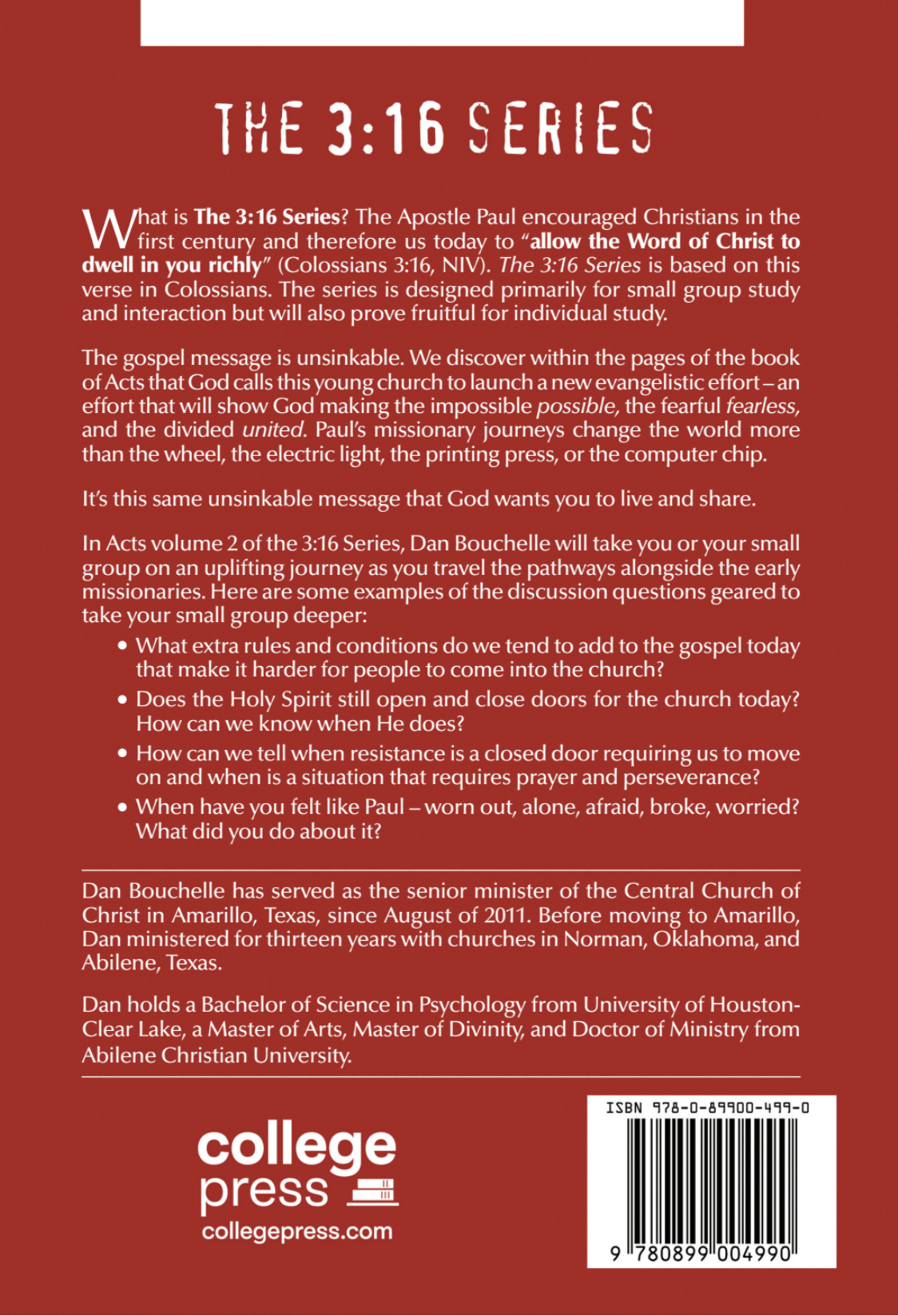 Back cover of a book titled 'The 3:16 Series' with text and branding information.