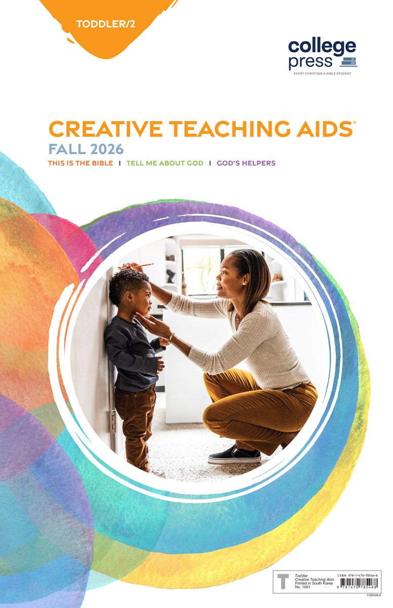 Front cover of the College Press publication 'Creative Teaching Aids' Fall 2026, designed for Toddler/2. The cover features a white background with a colorful watercolor-style circular graphic framing a central photograph of a woman crouching down to help a young child stand.