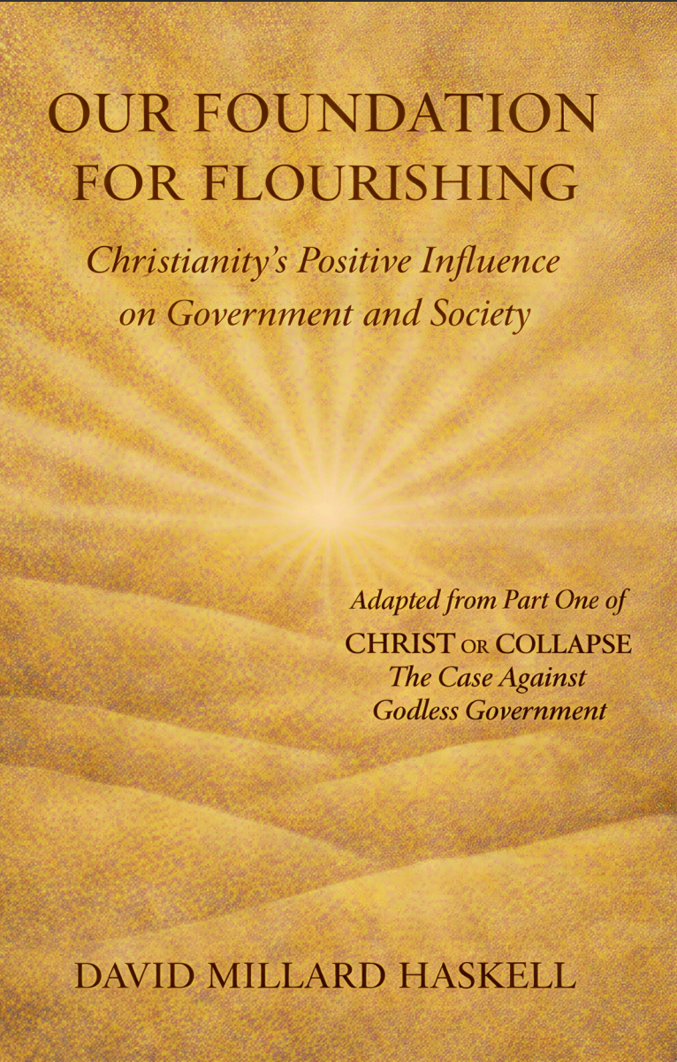 Book cover of 'Our Foundation for Flourishing' by David Millard Haskell with a textured background.