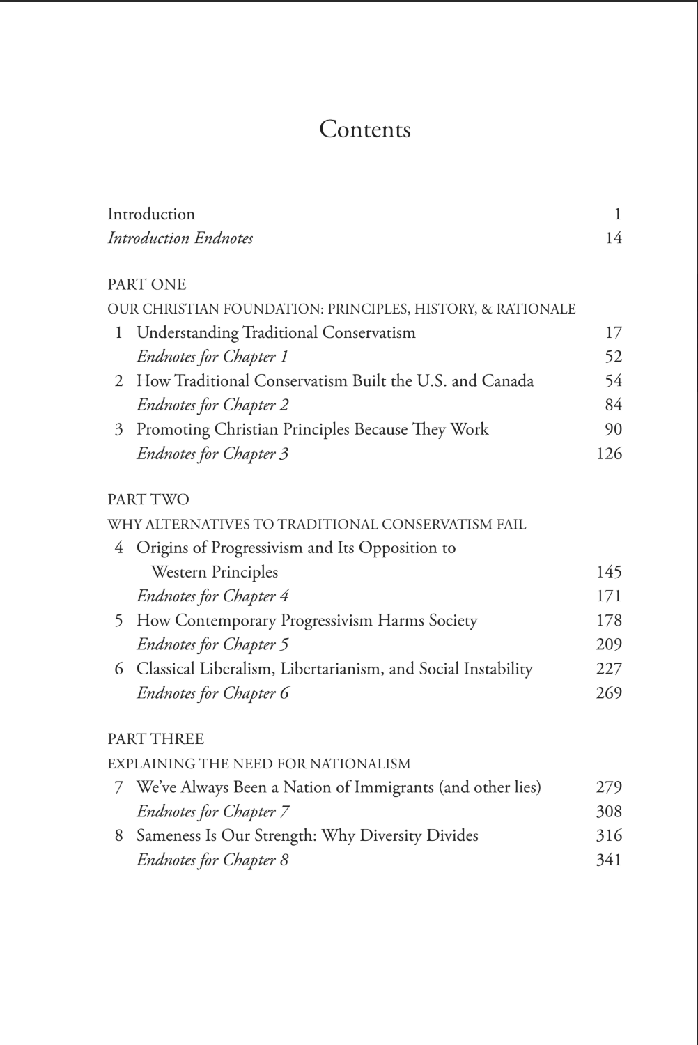 Table of contents for a book or document with chapter headings and page numbers.