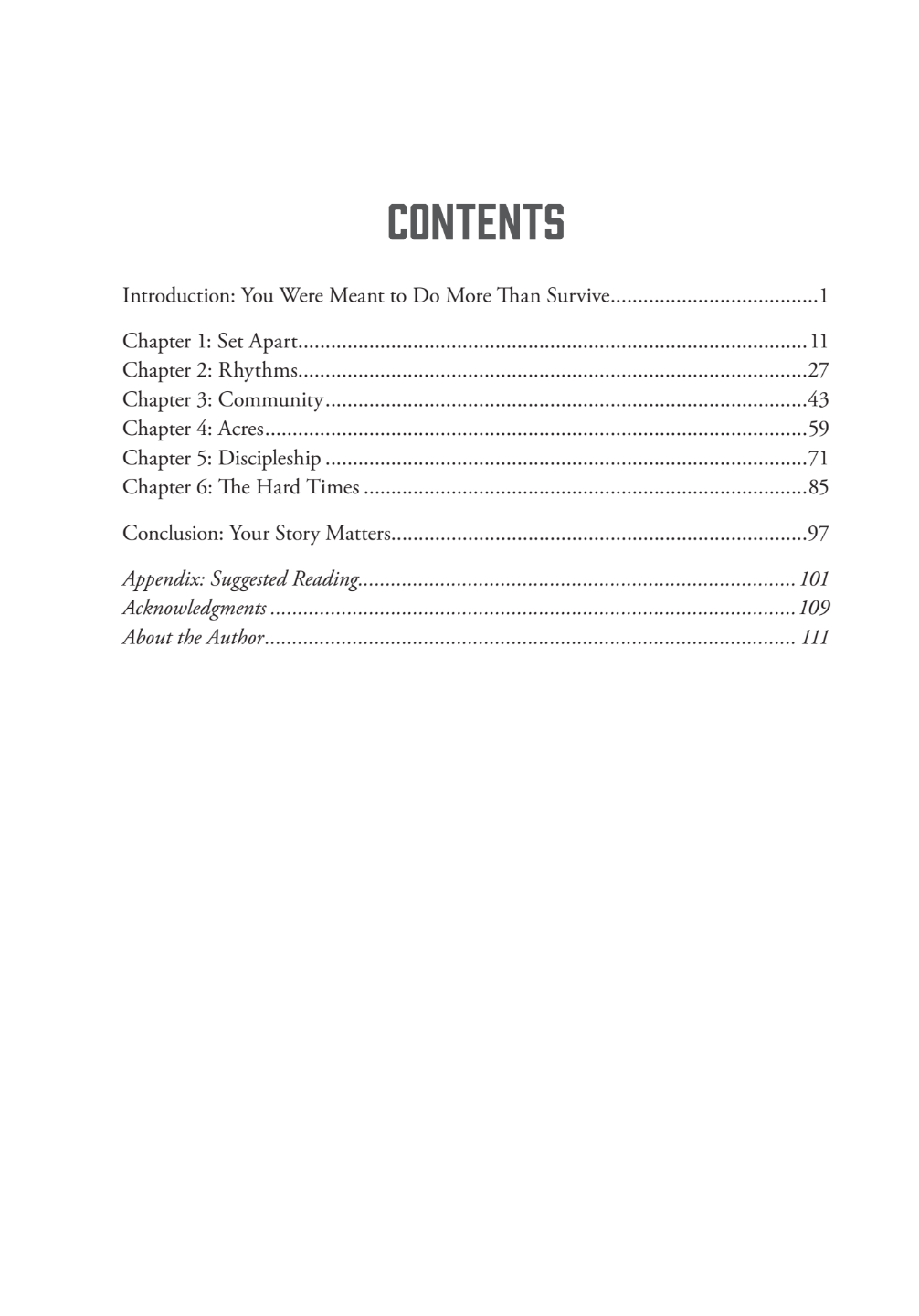 Table of contents page white with black text