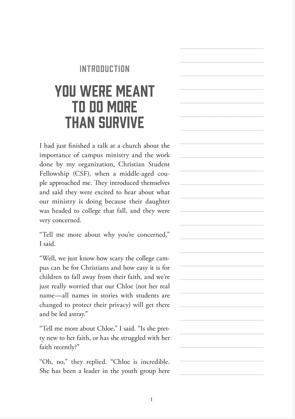Introduction page You were meant to do more than just survive white with black text and lines on the right for notes