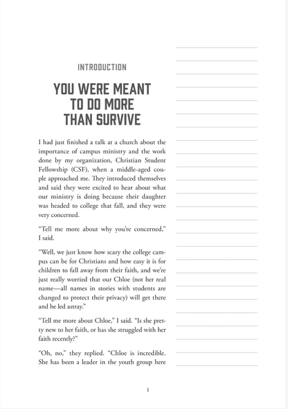 Introduction page You were meant to do more than just survive white with black text and lines on the right for notes