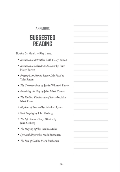 Appendix page Suggested reading white page with black text and lines for notes