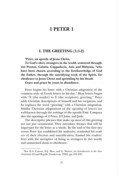 A scanned book page showing the biblical letter of Peter to the church in Antioch, titled 'PETER 1', with the greeting 'I, THE GREETING' and several paragraphs of text on a white page.