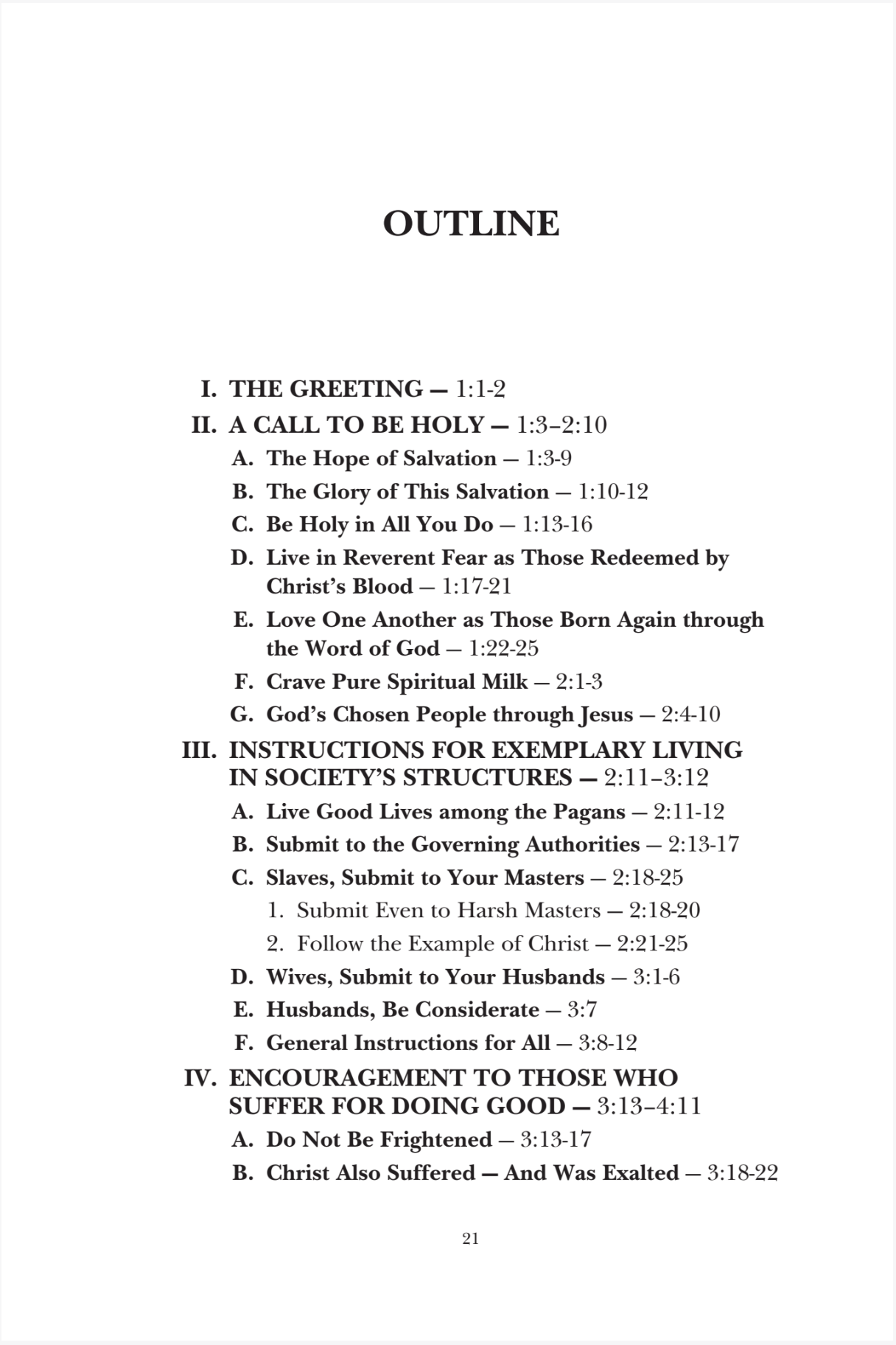 A text-based outline page with Roman numerals and subsections titled 'OUTLINE' and biblical verse references, shown on a white background.