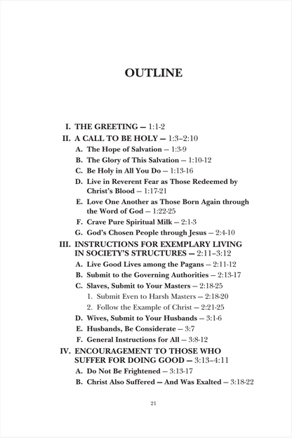 A text-based outline page with Roman numerals and subsections titled 'OUTLINE' and biblical verse references, shown on a white background.