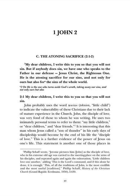 A scanned book page showing the Bible text '1 John 2' with a large title at the top and scripture verses below, including 'C. THE ATONING SACRIFICE (2:1-12)'.