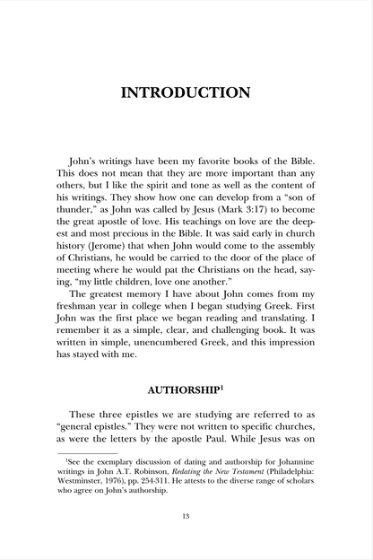 A scanned book page with the heading INTRODUCTION and a body of text discussing John's writings, plus an AUTHORSHIP note and page number 15.