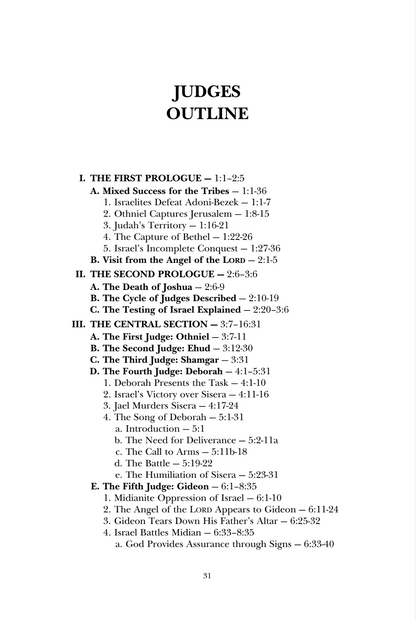 A scanned book or booklet page titled 'JUDGES OUTLINE' with a table of contents in black text on a white page, showing sections and chapter headings from Judges 1-5.