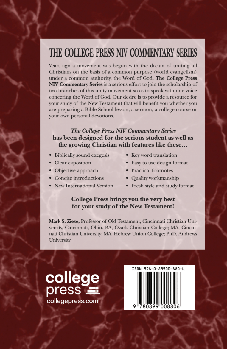 Back cover of a College Press NIV Commentary Series book, featuring a maroon textured background, descriptive text about the commentary series, a list of features, publisher logos, and a barcode with ISBN 978-0-88462-880-6.