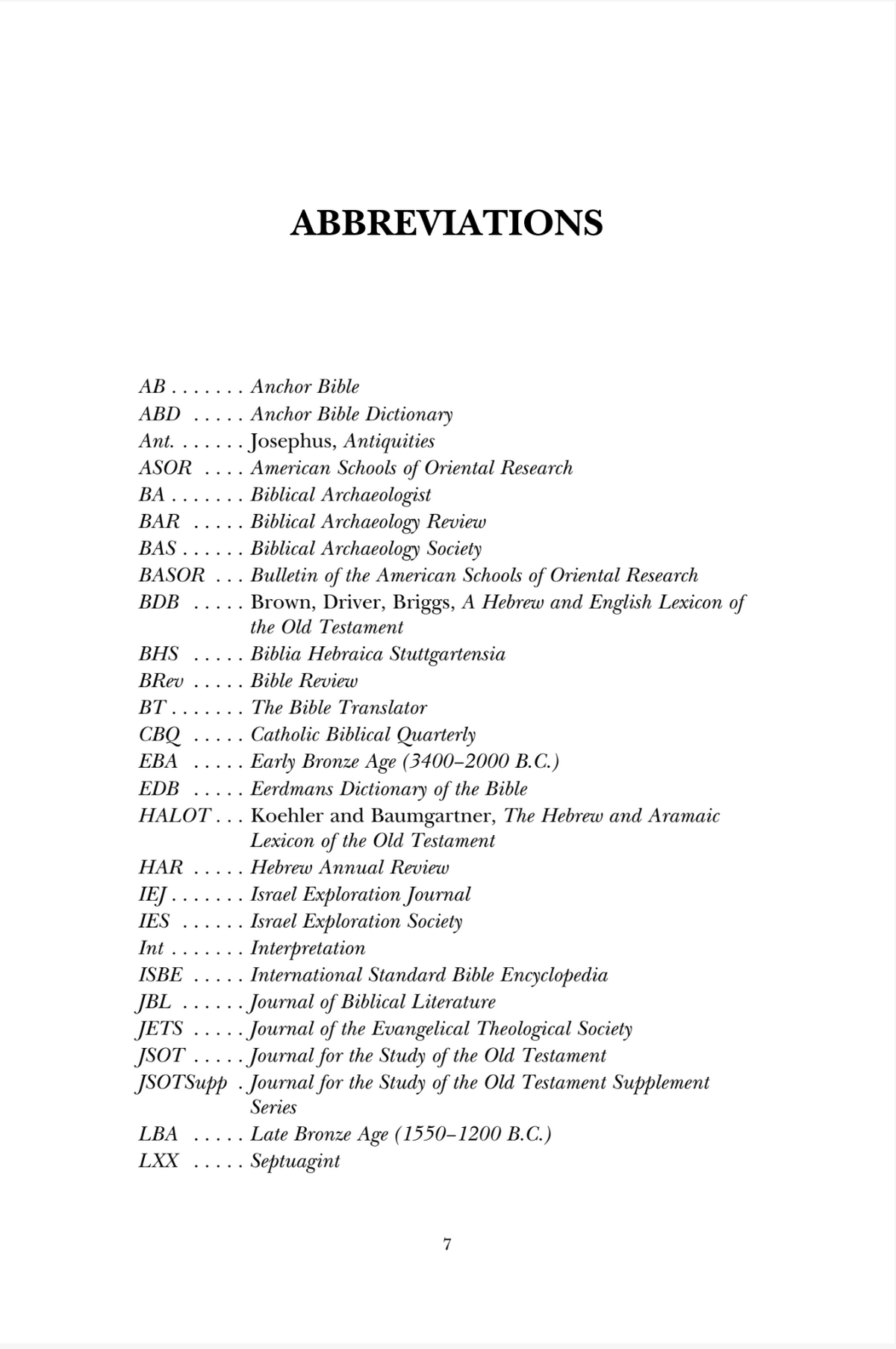 A black-and-white printed page titled 'ABBREVIATIONS' listing many shortened names and acronyms for religious and scholarly terms, with page number 7 at the bottom.