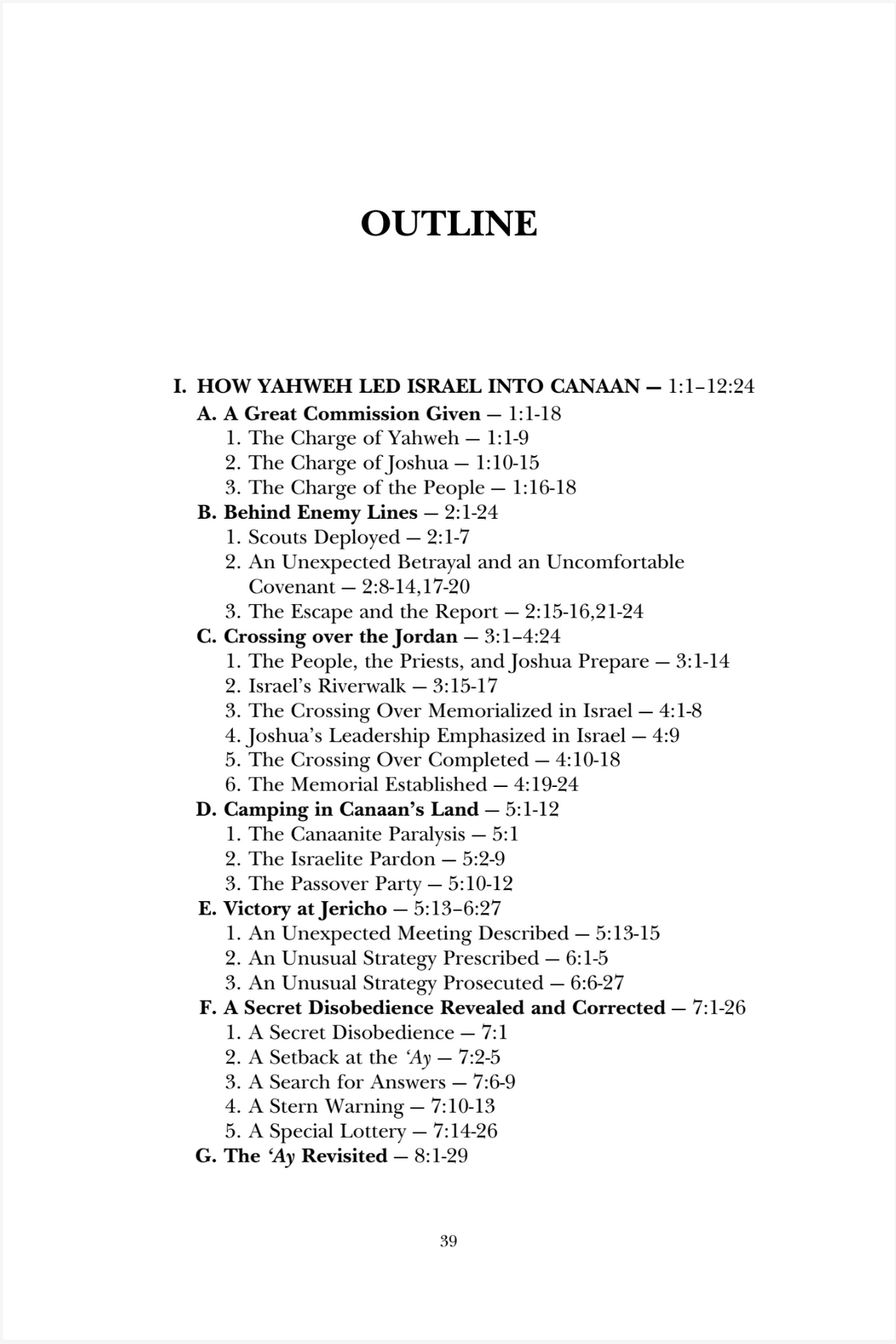 A printed page titled 'OUTLINE' with a Bible study or sermon outline, showing chapter and verse references such as '1. How Yahweh Led Israel Into Canaan' and '3.