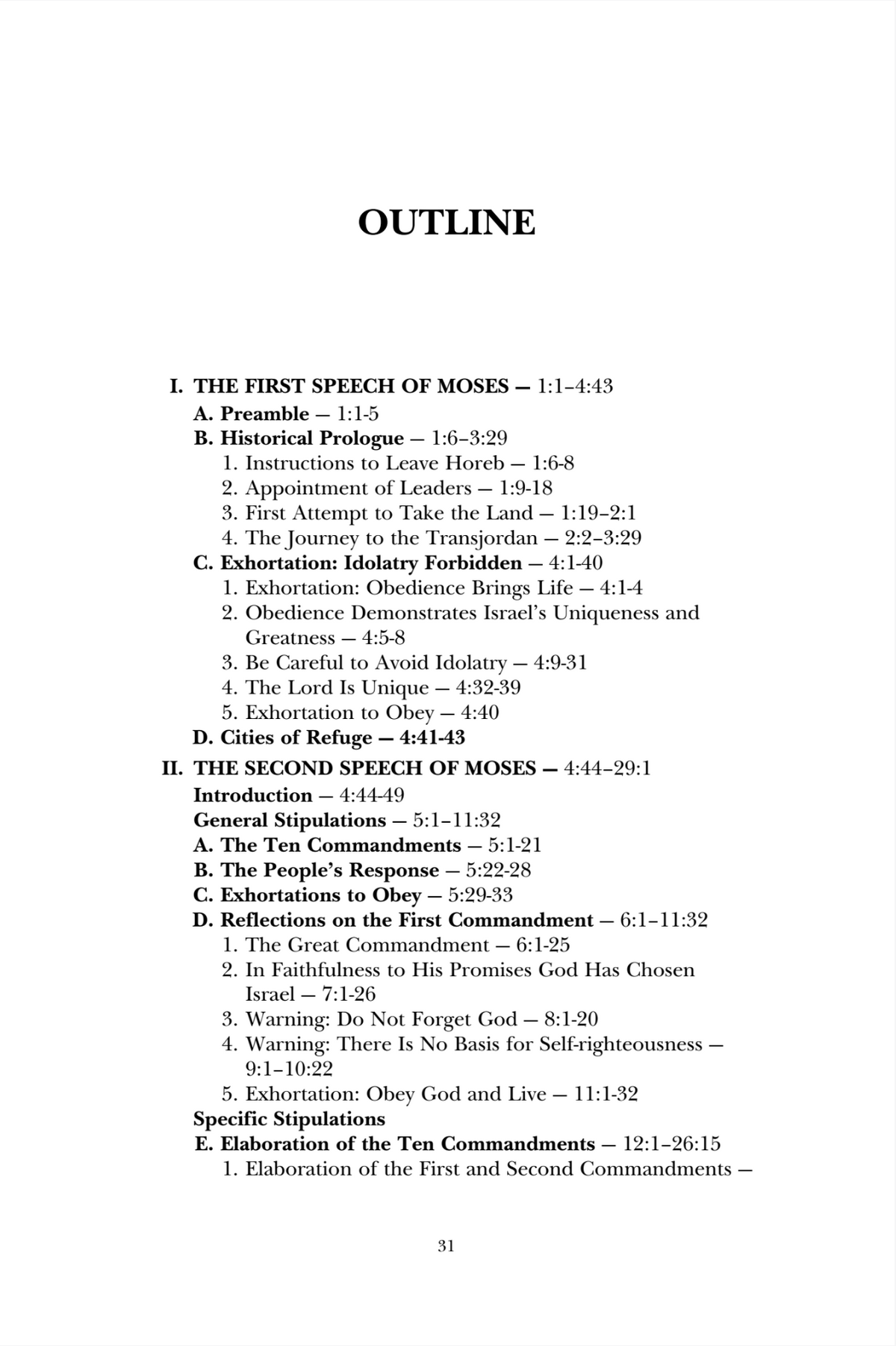 A text-based outline page showing the table of contents for a religious document, with headings 'OUTLINE', 'I. THE FIRST SPEECH OF MOSSES', 'II.