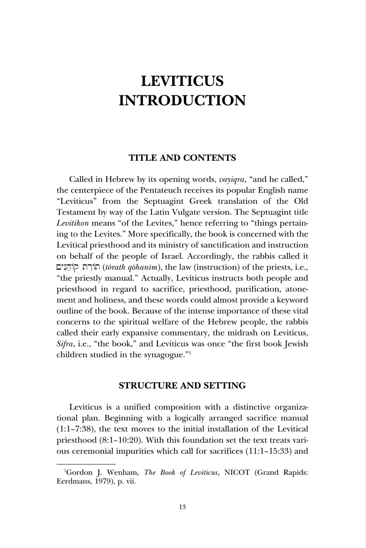 A scanned book page showing the title page of 'Leviticus Introduction' with black serif text on a white page, including sections titled 'Title and Contents' and 'Structure and Setting'.
