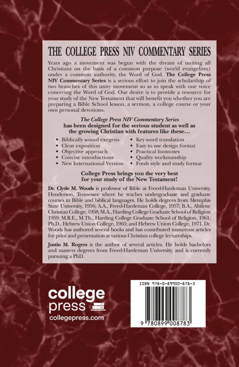 Back cover of the College Press NIT Commentary Series book, featuring a white text block with product details, author names, a barcode, and the College Press logo on a dark reddish-brown background.