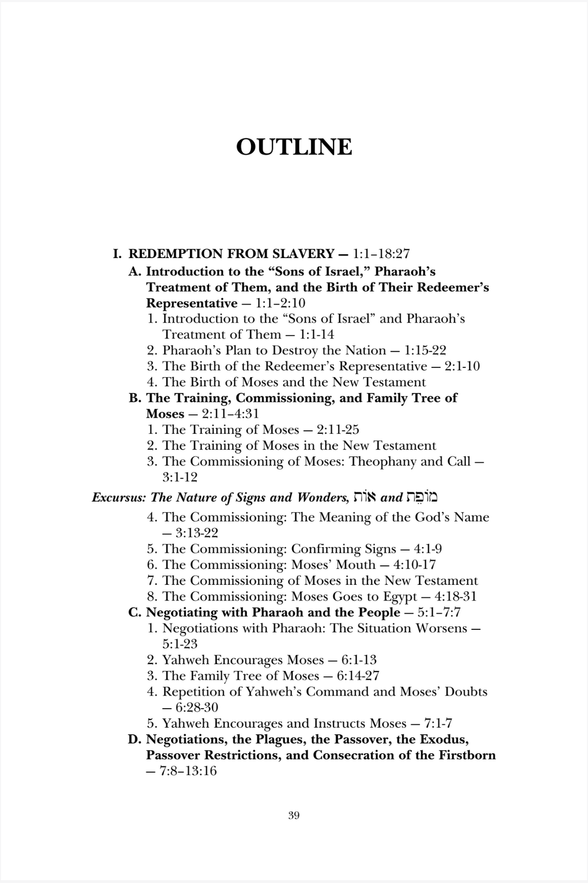 A digital page showing the outline section of a document or book, titled 'OUTLINE' with subsections about redemption from slavery and Moses, including page number 39.