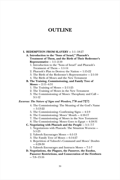 A digital page showing the outline section of a document or book, titled 'OUTLINE' with subsections about redemption from slavery and Moses, including page number 39.