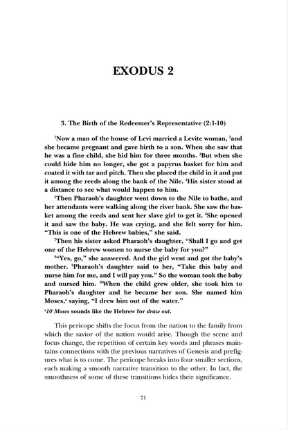 A scanned book page showing the biblical text 'EXODUS 2' with the Hebrew 'שמות 2' at the top, followed by the English translation of Genesis 31:1-10. The page is white with black serif text and a page number '71' at the bottom.