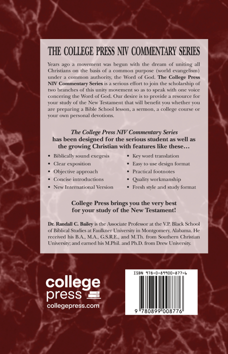 Back cover of a College Press NIV Commentary Series book featuring product information, a barcode, and the College Press logo on a white background with a faint red maroon border.