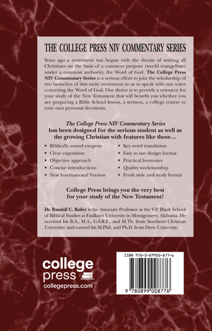 Back cover of a College Press NIV Commentary Series book featuring product information, a barcode, and the College Press logo on a white background with a faint red maroon border.