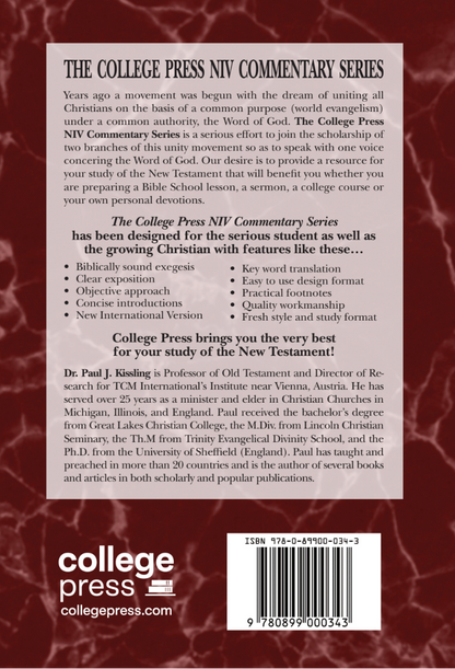 Back cover of the College Press NIV Commentary Series book, featuring a light beige title panel with black text, a list of features, a photo of Dr. Paul J.