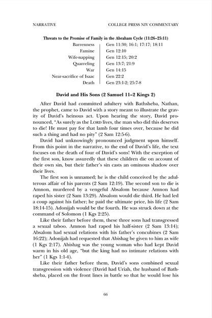 A printed page from the College Press NIV Commentary on Genesis, featuring a large black title at the top and a biblical passage from David and his sons with verse references.