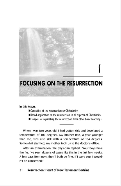 A single printed page with the title 'FOCUSING ON THE RESURRECTION' and the page number 1, plus lesson text and a small grayscale photo of people at the top.