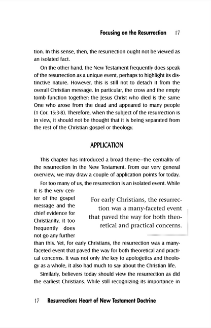 A scanned or photographed book page with the heading 'Focusinge the Resurrection', page number 17, a short paragraph of text, a section titled 'APPLICATION', and another heading 'Resurrection: Heart of New Testament Doctrine' on page 17. This is not a product photo, not packaging, and not an auxiliary chart/swatch/instruction image for a product listing, so subject_type is Other.