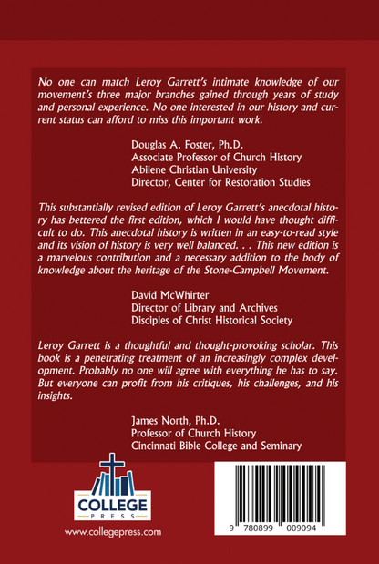 The back cover of a book on a solid dark red background, featuring white text blocks with author and publisher credits, a small College Press logo, and a barcode at the bottom.