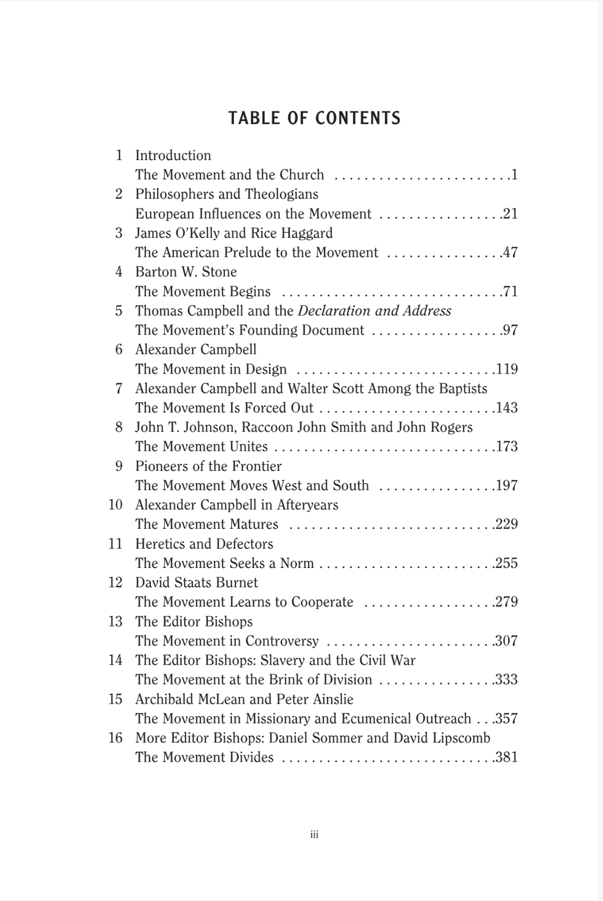 A scanned book page showing the Table of Contents for a religious history, with numbered sections and page titles from Introduction to More Editor Bishops.