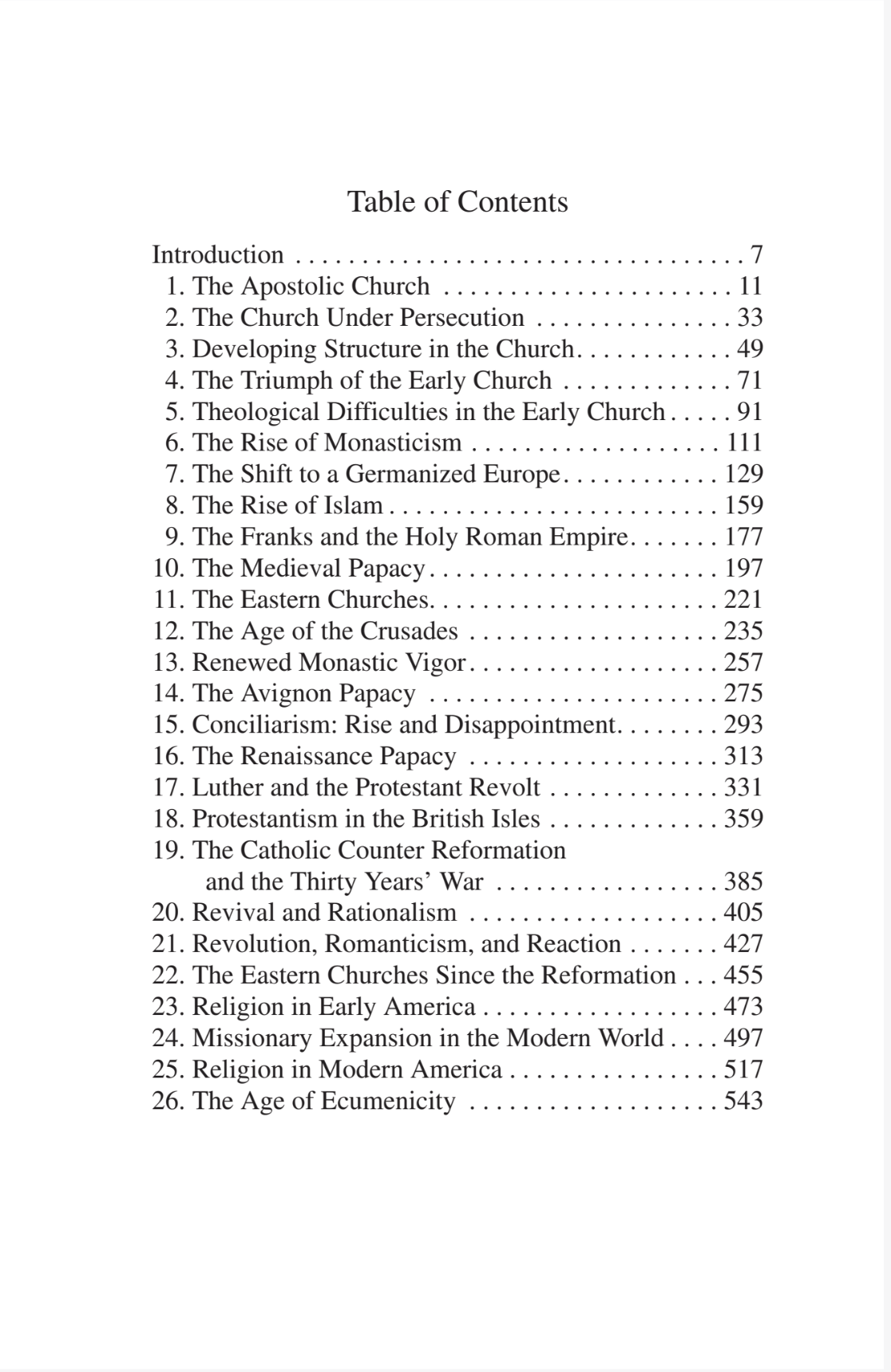 A printed table of contents page from a book, showing chapter titles and page numbers in black text on a white page.