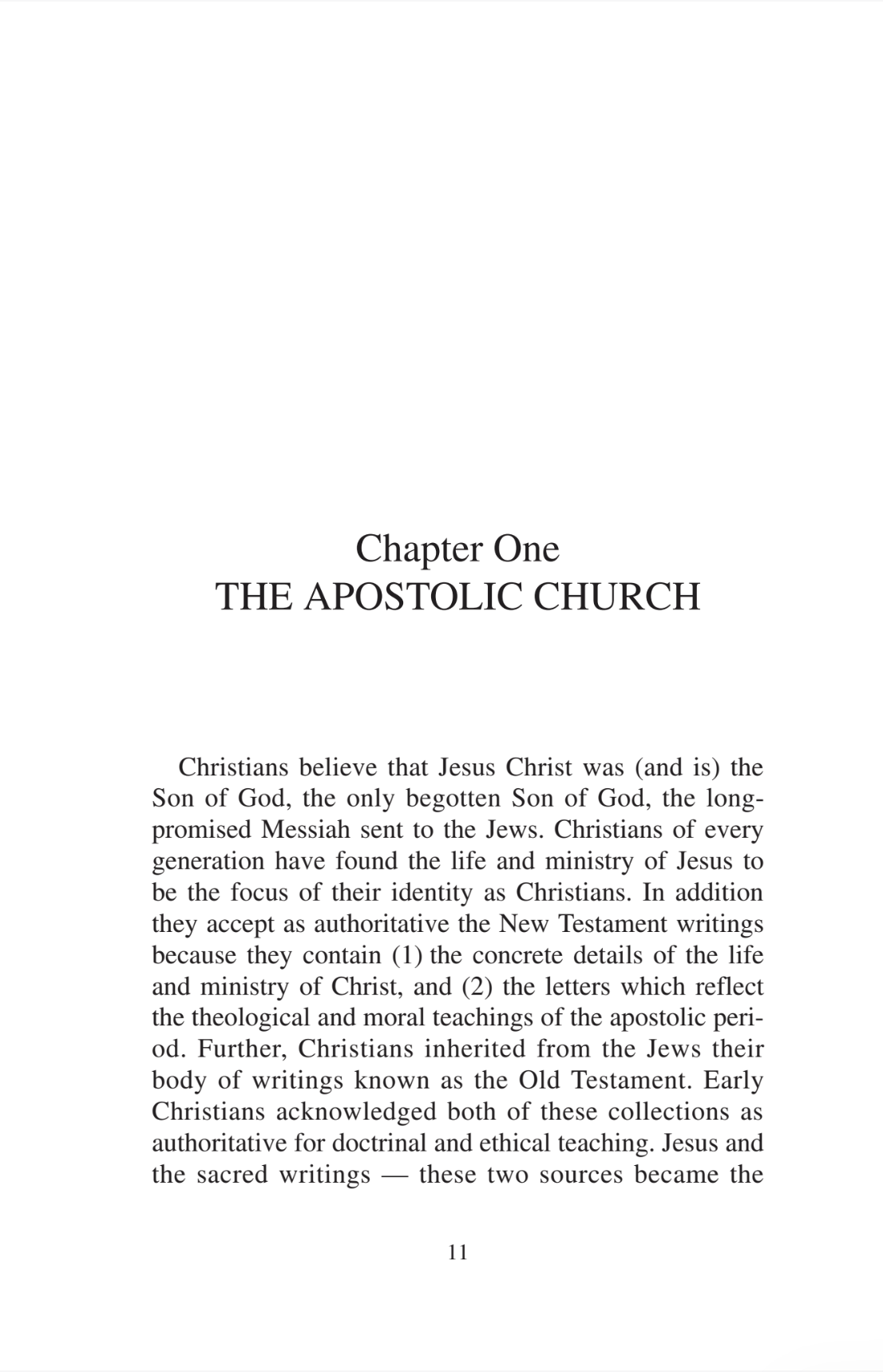 A single printed page with the centered title 'Chapter One The Apostolic Church' and several paragraphs of black serif text on a white page, with page number 11 at the bottom.