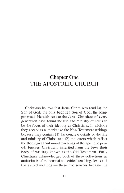 A single printed page with the centered title 'Chapter One The Apostolic Church' and several paragraphs of black serif text on a white page, with page number 11 at the bottom.