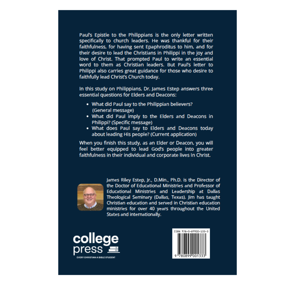 Back cover of a College Press book titled 'Paul's Estate to the Philippians' by James Estep, featuring a dark navy blue background with white text, a small author photo, and a barcode.